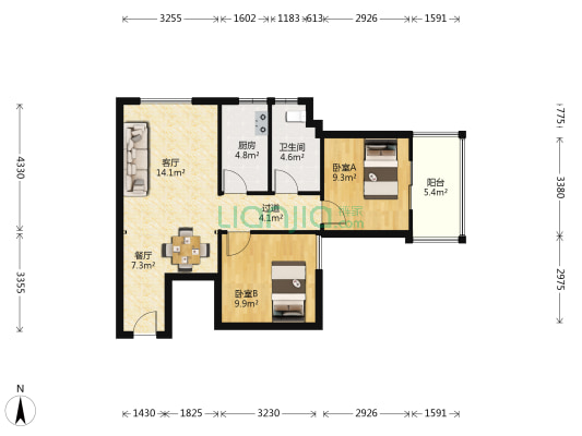 汉成华都 2室2厅1卫 85平方
