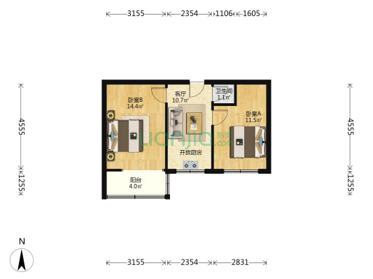 自强西路190号 2室1厅1卫 52平方