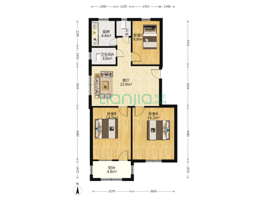 城北新村 3室1厅2卫 87平方