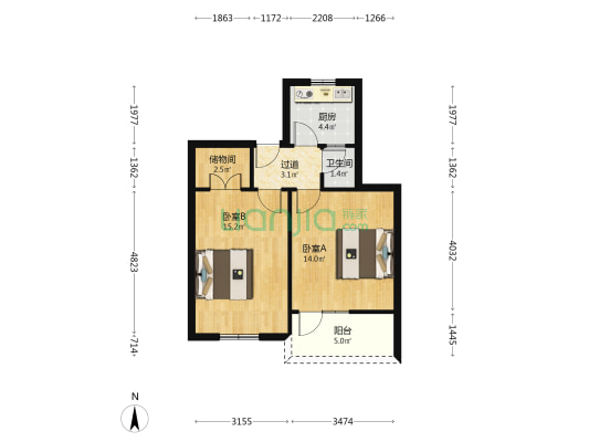 皇城东路55号 2室0厅1卫 58平方