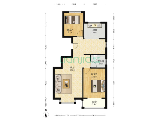 华庭广场 2室1厅1卫 91平方