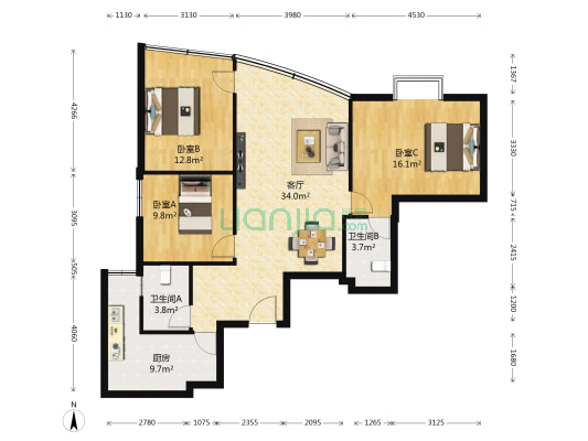 光华龙都 3室1厅2卫 126平方