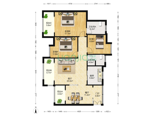 北斗七星城 3室2厅2卫 136平方