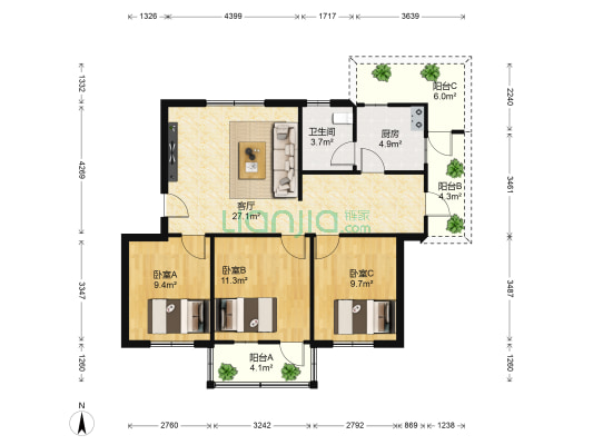 电业宿舍 3室1厅1卫 92平方