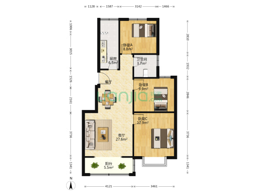 琉璃寺村 3室1厅1卫 100平方