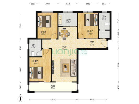 东胜珑辰园 3室1厅2卫 122平方
