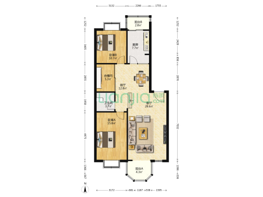 钻石公寓 2室2厅1卫 121平方