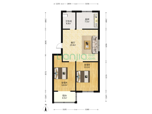 北平旺小区 2室1厅1卫 90平方