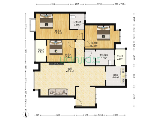 家天下 3室1厅2卫 120平方