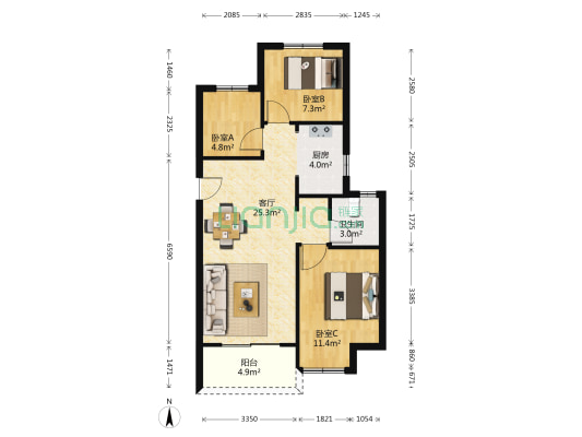 招商天地和苑 3室1厅1卫 88平方