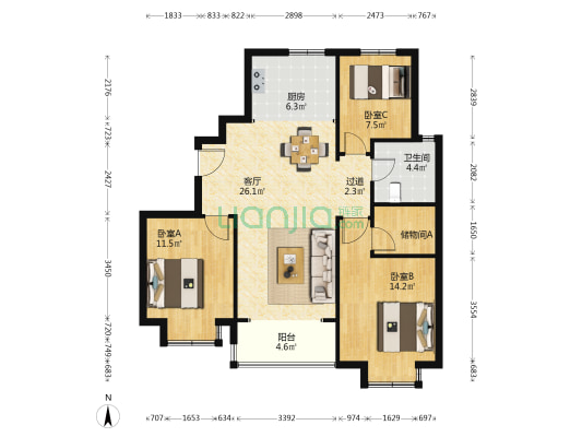 青铁海誉府 3室1厅1卫 119平方
