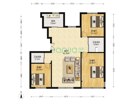 新星宇香颂 3室1厅2卫 121平方