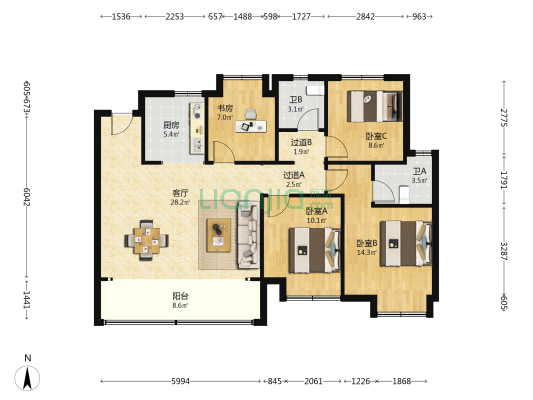 大华海启东方 4室1厅2卫 129平方