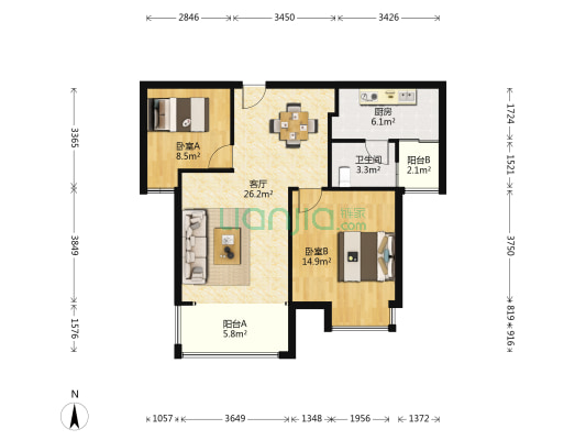 桂芳家园 2室1厅1卫 83平方