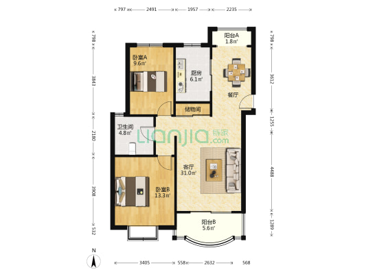 静安花苑(二) 2室1厅1卫 87平方