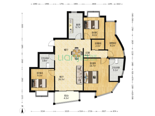 金色家园 140平4室2厅2卫  精装修 拎包入住-户型图