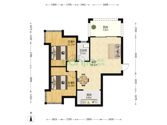 海怡东方 2室1厅1卫 75平方