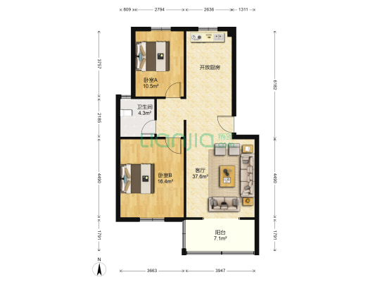 玉兰苑 2室1厅1卫 95平方