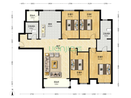 金品时代 4室2厅 南 北-户型图