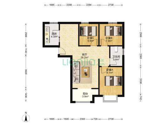 阳光城8号院西院 3室1厅1卫 89平方