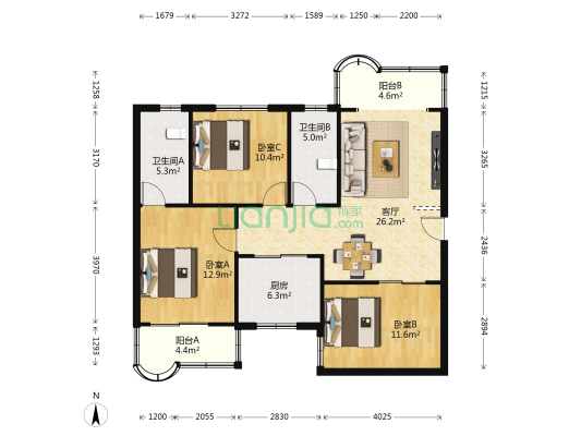 佳信花苑 3室1厅2卫 101平方