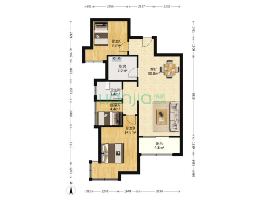 CBD爱克首府B区 3室1厅1卫 90平方