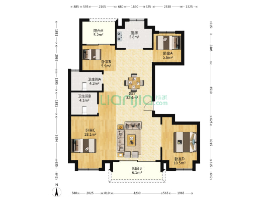 万银悦居 4室1厅2卫 122平方