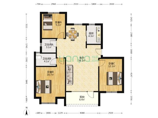 半岛城邦北苑 3室1厅2卫 119平方
