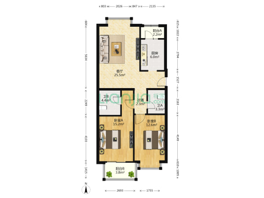 新华联家园北区 2室1厅2卫 104平方