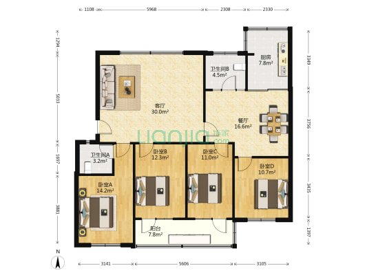 省民航社区 4室2厅2卫 131平方