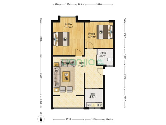 堰锦新居 2室1厅1卫 82平方