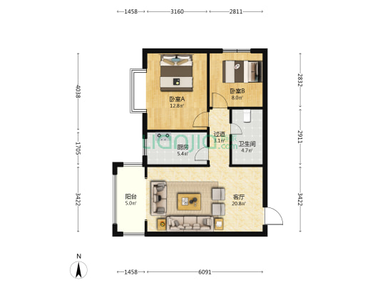 金榜逸家 2室1厅1卫 88平方