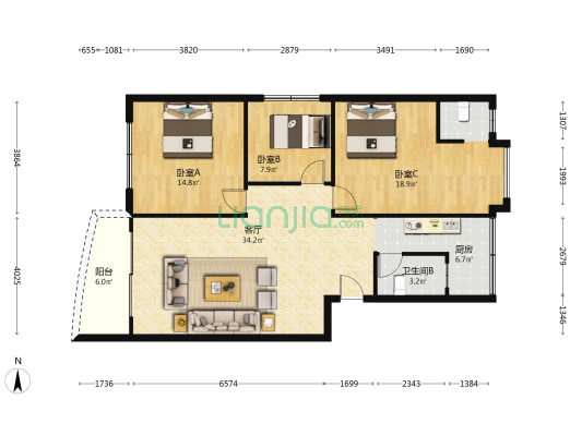 阳光路 3室1厅2卫 108平方