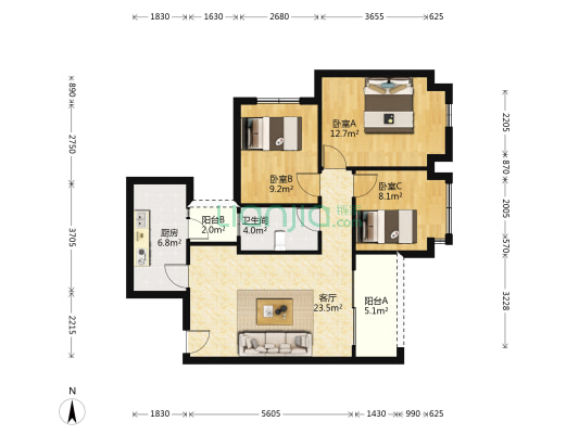 恒大上林苑 3室1厅1卫 91平方