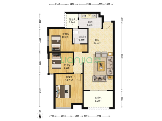 瀚城新天地 3室1厅1卫 90平方