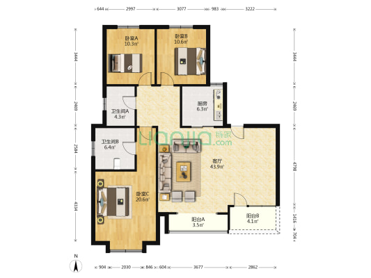 高铁新干线 3室2厅 南 北-户型图