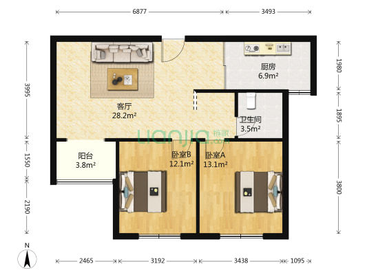 苹果国际 2室1厅1卫 91平方