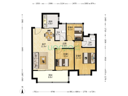 华宇信达锦绣蘭庭 3室1厅2卫 105平方