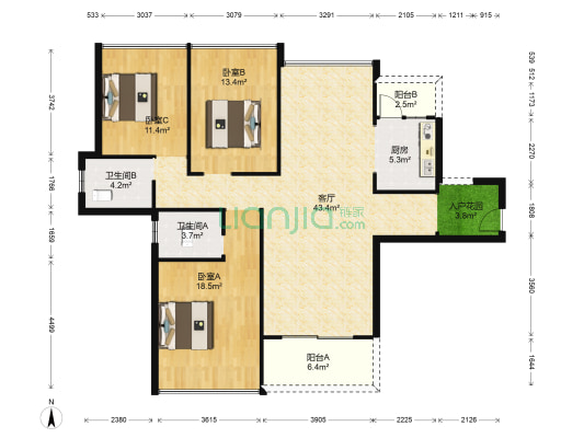星月彩虹花苑(第一期) 3室1厅2卫 131平方