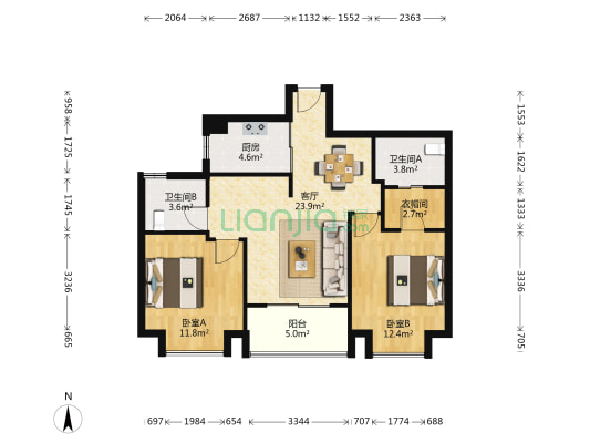 鳌江昆仑公馆 2室1厅2卫 86平方