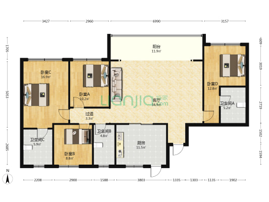 蓝光长岛国际五期 4室1厅3卫 161平方