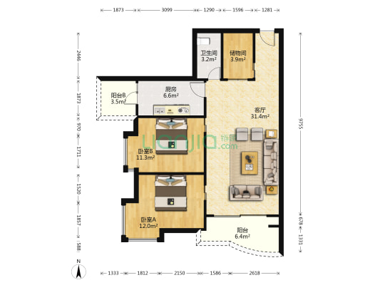 天和居 2室1厅1卫 98平方