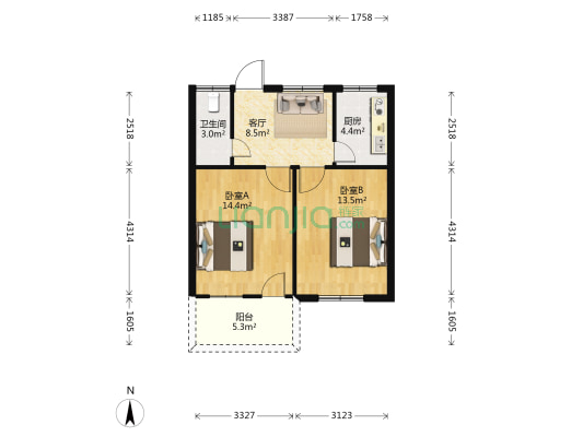 福建省机械工业厅住宅 2室1厅1卫 60平方