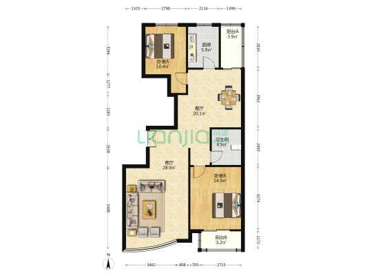 英协花园艺术家 2室2厅1卫 122平方