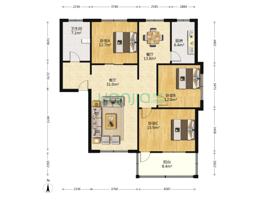 秋林公寓 3室2厅1卫 136平方