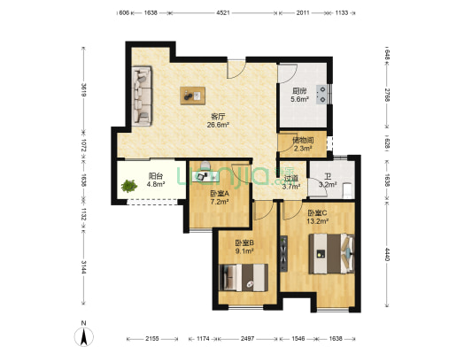 绿地香颂南区 3室1厅1卫 98平方