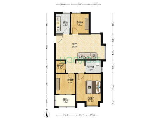 三元家园 3室1厅1卫 88平方