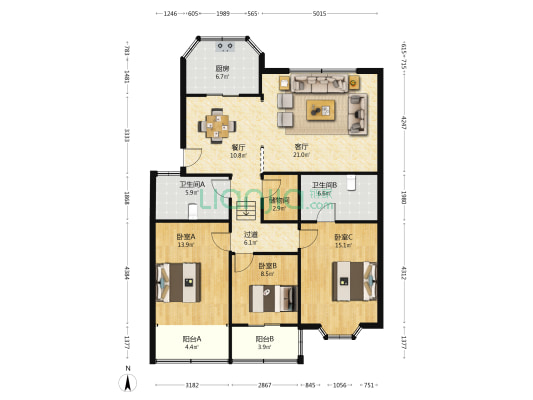 镜中园公寓 3室2厅2卫 128平方