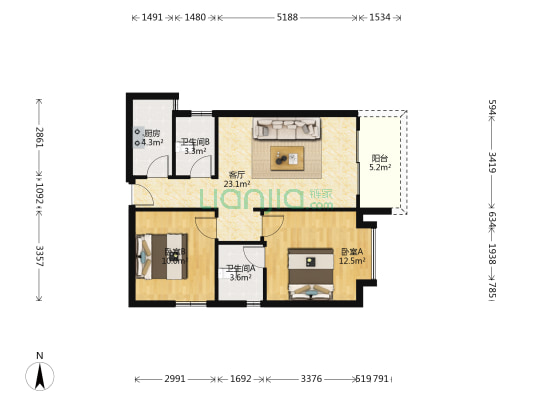 聚富花园 2室1厅2卫 76平方