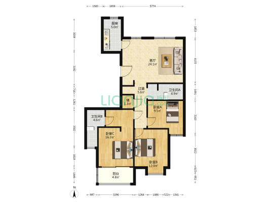 永康家园 3室1厅2卫 122平方